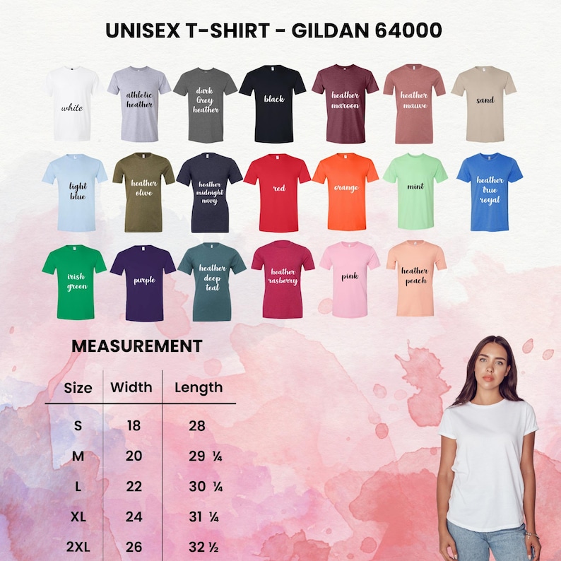 May include: A variety of Gildan 64000 unisex t-shirts in various colors, including white, black, red, and blue. The image also displays a size chart with measurements in inches for sizes S through 2XL. A woman is wearing a white t-shirt.