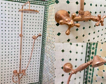 Unlacquered Copper Shower System, Handheld Shower And Shower Head, Rain shower System, Exposed Shower, Hand shower