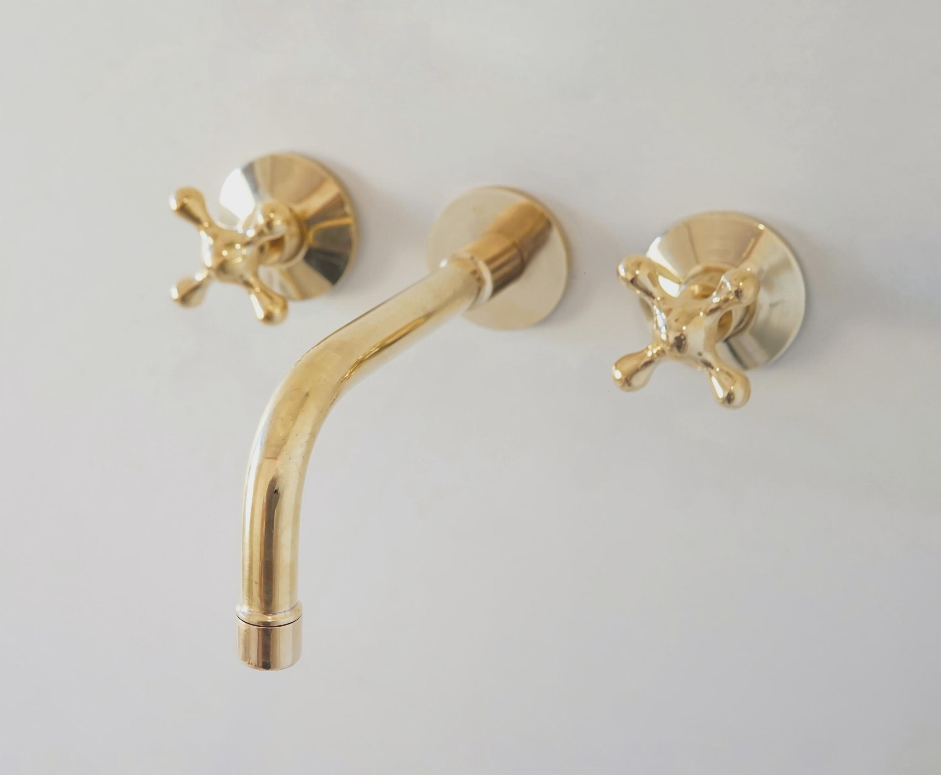 Unlacquered Brass Wall Mounted Faucet, Bathroom Vanity Sink Faucet, Antique Solid Brass Tap