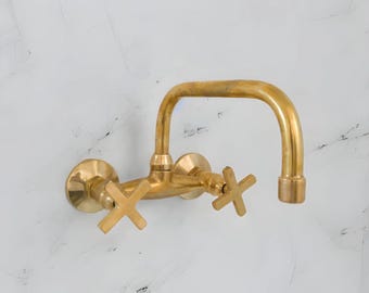 Unlacquered Brass Bathroom Faucet, Solid Brass Wall Mounted Faucet, Brass Kitchen Sink Tap