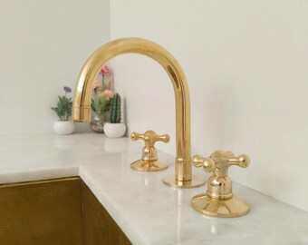 Unlacquered Brass Bathroom 3 Holes Faucet, Widespread Vanity Faucet, Deck Mount Faucet, Solid Brass Bathroom Faucet