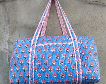Hand Block Print Quilted Duffle Bag, Cotton Floral Weekender Travel, Handmade Overnight Bags