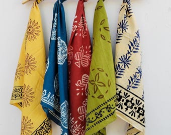 Hand Block Print Cotton Bandana Set of 5, Floral Printed Scarves, Handmade Head Scarf