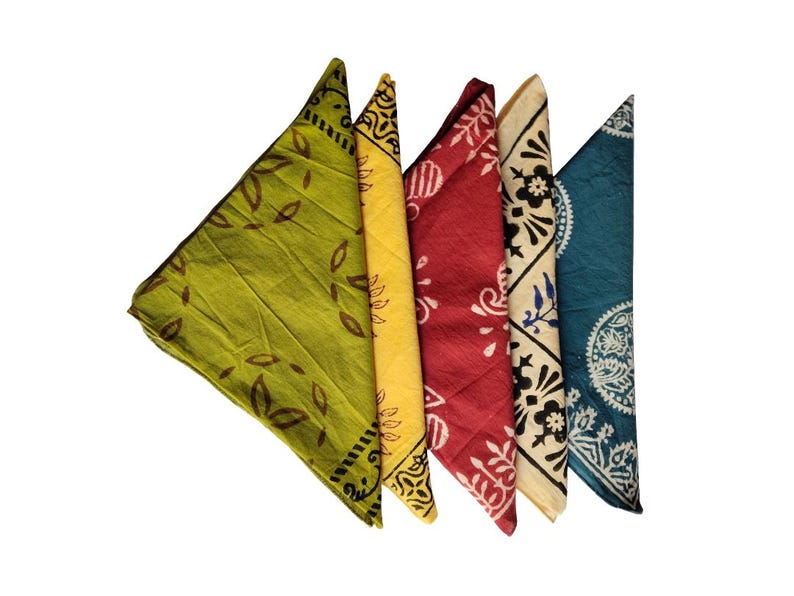 Set of 5 handmade cotton bandanas featuring traditional Indian hand block prints in green and blue colors, boho head scarves, natural dye fabric accessories. Hand Block Print Cotton Bandana Set of 5, Boho Head Scarf, Indian Bandana, Natural Dye Bandana, Hair Wrap, Neck Scarf, Festival Accessory Cotton Bandana Set, Hand Block Printed Scarf, Bohemian Headband, Bandana for Women Men, Indian Handmade Bandana, Gift Set Indian Hand Block Print Bandana, Cotton Kerchief Set, Boho Neck Scarf, Natural