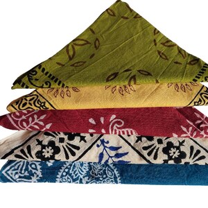 Set of 5 handmade cotton bandanas featuring traditional Indian hand block prints in green and blue colors, boho head scarves, natural dye fabric accessories. Hand Block Print Cotton Bandana Set of 5, Boho Head Scarf, Indian Bandana, Natural Dye Bandana, Hair Wrap, Neck Scarf, Festival Accessory Cotton Bandana Set, Hand Block Printed Scarf, Bohemian Headband, Bandana for Women Men, Indian Handmade Bandana, Gift Set Indian Hand Block Print Bandana, Cotton Kerchief Set, Boho Neck Scarf, Natural