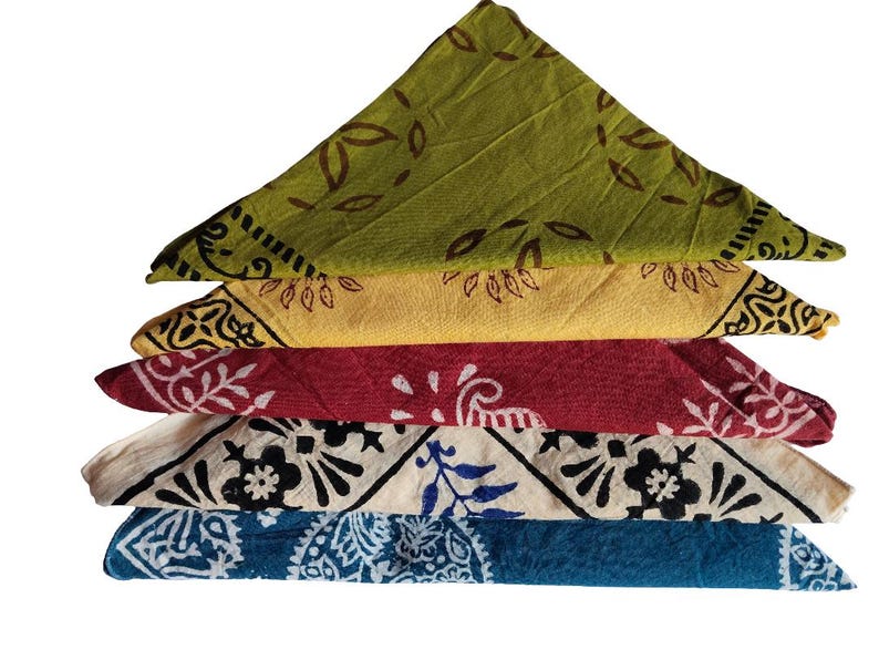 Set of 5 handmade cotton bandanas featuring traditional Indian hand block prints in green and blue colors, boho head scarves, natural dye fabric accessories. Hand Block Print Cotton Bandana Set of 5, Boho Head Scarf, Indian Bandana, Natural Dye Bandana, Hair Wrap, Neck Scarf, Festival Accessory Cotton Bandana Set, Hand Block Printed Scarf, Bohemian Headband, Bandana for Women Men, Indian Handmade Bandana, Gift Set Indian Hand Block Print Bandana, Cotton Kerchief Set, Boho Neck Scarf, Natural