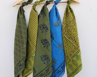 Set of 5 Hand Block Print Cotton Bandanas, Vintage Style Head Scarf
