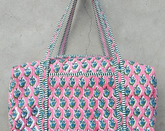 Floral Quilted Duffle Bag, Block Print Cotton Travel Luggage Handmade Weekender Overnight Bag