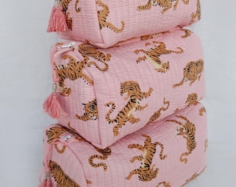 Cotton Quilted Tiger Print Toiletry Bag Set Cosmetic Travel Pouch Makeup Bags