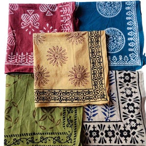 Set of 5 handmade cotton bandanas featuring traditional Indian hand block prints in green and blue colors, boho head scarves, natural dye fabric accessories. Hand Block Print Cotton Bandana Set of 5, Boho Head Scarf, Indian Bandana, Natural Dye Bandana, Hair Wrap, Neck Scarf, Festival Accessory Cotton Bandana Set, Hand Block Printed Scarf, Bohemian Headband, Bandana for Women Men, Indian Handmade Bandana, Gift Set Indian Hand Block Print Bandana, Cotton Kerchief Set, Boho Neck Scarf, Natural