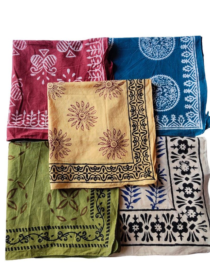 Set of 5 handmade cotton bandanas featuring traditional Indian hand block prints in green and blue colors, boho head scarves, natural dye fabric accessories. Hand Block Print Cotton Bandana Set of 5, Boho Head Scarf, Indian Bandana, Natural Dye Bandana, Hair Wrap, Neck Scarf, Festival Accessory Cotton Bandana Set, Hand Block Printed Scarf, Bohemian Headband, Bandana for Women Men, Indian Handmade Bandana, Gift Set Indian Hand Block Print Bandana, Cotton Kerchief Set, Boho Neck Scarf, Natural