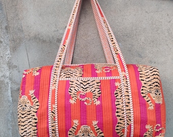 Indian Cotton Quilted Tiger Print Duffle Bag, Weekender Shoulder Travel Luggage Overnight Bags