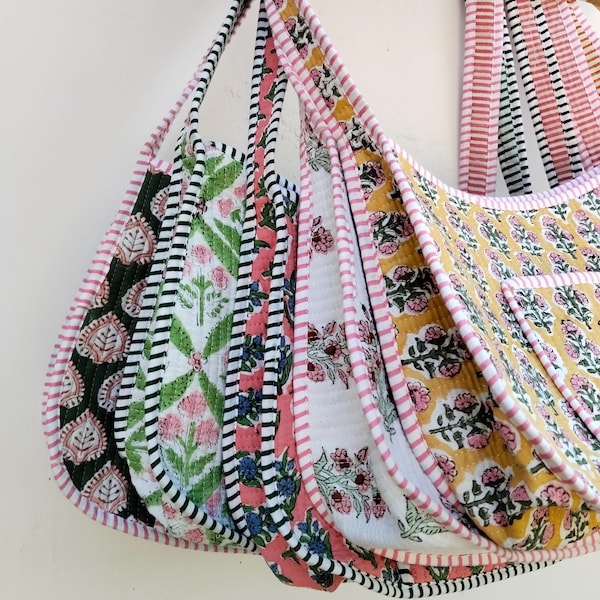 Borsa a tracolla trapuntata in cotone indiano, borsa a tracolla con stampa a blocchi, borsetta da viaggio, borsetta a mano