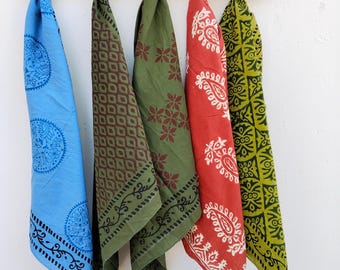 Set of 5 Hand Block Printed Cotton Bandanas, Natural Dye Indian Scarves
