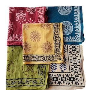 Set of 5 handmade cotton bandanas featuring traditional Indian hand block prints in green and blue colors, boho head scarves, natural dye fabric accessories. Hand Block Print Cotton Bandana Set of 5, Boho Head Scarf, Indian Bandana, Natural Dye Bandana, Hair Wrap, Neck Scarf, Festival Accessory Cotton Bandana Set, Hand Block Printed Scarf, Bohemian Headband, Bandana for Women Men, Indian Handmade Bandana, Gift Set Indian Hand Block Print Bandana, Cotton Kerchief Set, Boho Neck Scarf, Natural