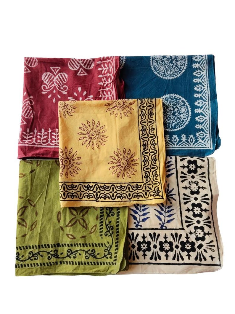 Set of 5 handmade cotton bandanas featuring traditional Indian hand block prints in green and blue colors, boho head scarves, natural dye fabric accessories. Hand Block Print Cotton Bandana Set of 5, Boho Head Scarf, Indian Bandana, Natural Dye Bandana, Hair Wrap, Neck Scarf, Festival Accessory Cotton Bandana Set, Hand Block Printed Scarf, Bohemian Headband, Bandana for Women Men, Indian Handmade Bandana, Gift Set Indian Hand Block Print Bandana, Cotton Kerchief Set, Boho Neck Scarf, Natural