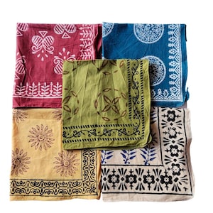 Set of 5 handmade cotton bandanas featuring traditional Indian hand block prints in green and blue colors, boho head scarves, natural dye fabric accessories. Hand Block Print Cotton Bandana Set of 5, Boho Head Scarf, Indian Bandana, Natural Dye Bandana, Hair Wrap, Neck Scarf, Festival Accessory Cotton Bandana Set, Hand Block Printed Scarf, Bohemian Headband, Bandana for Women Men, Indian Handmade Bandana, Gift Set Indian Hand Block Print Bandana, Cotton Kerchief Set, Boho Neck Scarf, Natural