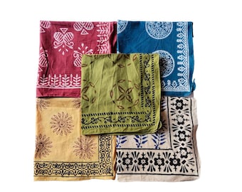 Hand Block Print Bandana Set of 5, Cotton Scarves, Natural Dyed Head Wrap, Neckerchief