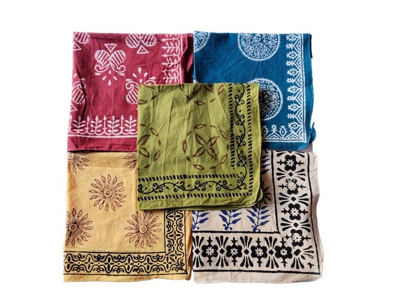 Hand Block Print Bandana Set of 5, Cotton Scarves, Natural Dyed Head Wrap, Neckerchief