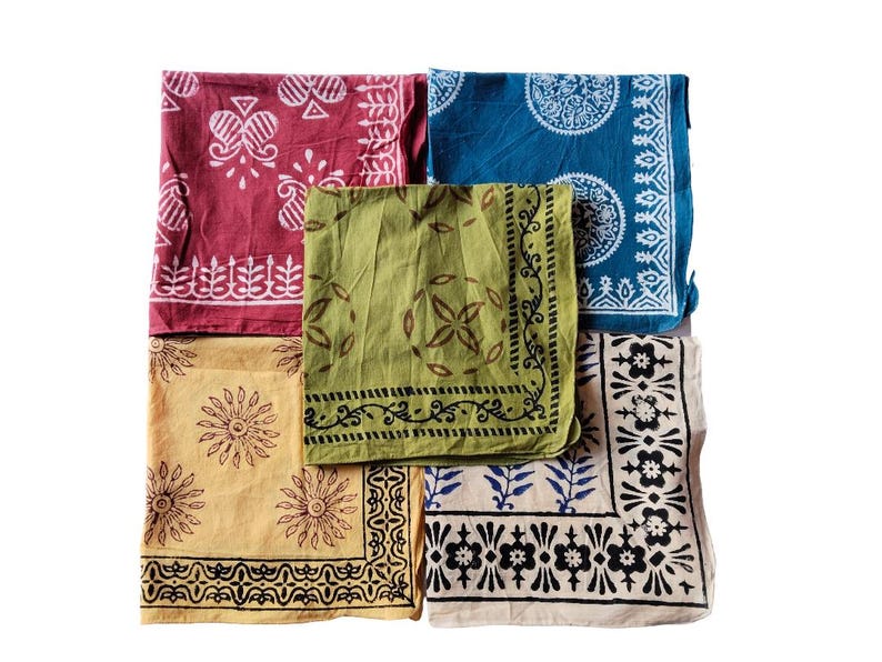 Set of 5 handmade cotton bandanas featuring traditional Indian hand block prints in green and blue colors, boho head scarves, natural dye fabric accessories. Hand Block Print Cotton Bandana Set of 5, Boho Head Scarf, Indian Bandana, Natural Dye Bandana, Hair Wrap, Neck Scarf, Festival Accessory Cotton Bandana Set, Hand Block Printed Scarf, Bohemian Headband, Bandana for Women Men, Indian Handmade Bandana, Gift Set Indian Hand Block Print Bandana, Cotton Kerchief Set, Boho Neck Scarf, Natural