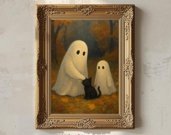 Halloween Ghosts with Black Cat Print, Whimsical Halloween Wall Art, Black Cat Poster (Digital Download)