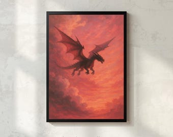 Onyx stormdraak print, gotische fantasiekunst, vurige cloudscape muur decor mythisch wezen illustratie (digitale download)