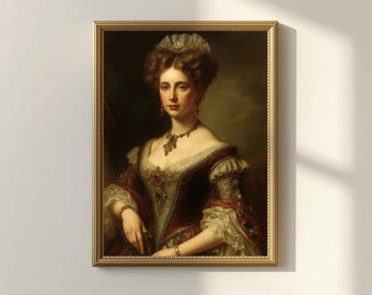 Victorian Woman Painting, Floral Antique Wall Art Print, Dark Academia Baroque Decor, Regal Vintage Oil Painting (Digital Download)