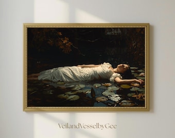 Dark Romantic Ophelia Inspired Print, Antique Pond Wall Art, Dark Academia Baroque Decor (Digital Download)