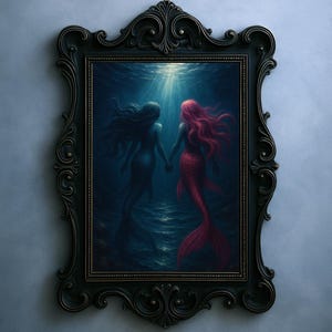 Entwined Sirens Swimming | Dark Mermaid Romance Art | Mythical Ocean Print | Feminine Underwater Fantasy | Digital Download | Fantasy