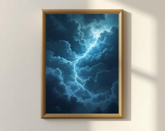 Electric Lightning Storm Cloudscape Print, Moody Blue Sky Wall Art, Atmospheric Weather Poster (Digital Download)