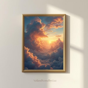 May include: A framed art print showcasing a sunset scene. The artwork presents a sky filled with peach-toned clouds, lit by a bright golden sun. The print is enclosed in a gold-coloured frame, enhancing the celestial landscape with a touch of elegance.