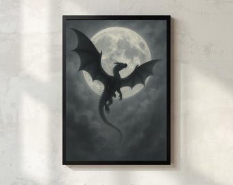 Op Onyx Storm geïnspireerde donkere fantasie drakenprint, decor gotische draak mythisch wezen (digitale download)