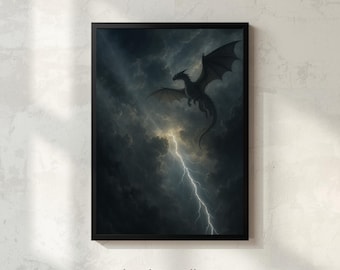 Onyx stormdraak print, Stormborn Dragon over Lightning Sky, Gothic Fantasy muurdecoratie (digitale download)