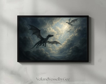 Epic Dragon Fantasy Landscape Wall Art Print, Onyx storm Inspired Dragon Print, Mystical Creature Illustration (Digital Download)