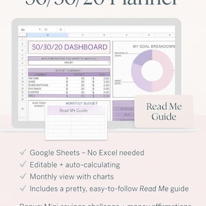 May include: Digital 50/30/20 planner with a dashboard, budget summary, and goal breakdown. The planner includes a "Read Me Guide" and is designed for personal use. The text on the image says "The Pretty Profitable 50/30/20 Planner".