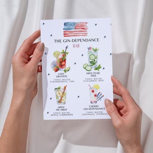 Panneau de menu du 4 juillet Gin Bar + Instructions + Sous-bocks GRATUITS | Menu du jour de l'indépendance | Station de cocktails patriotique | Téléchargement instantané