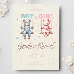 Teddy Bear Gender Reveal Invitation - Editable Canva Template