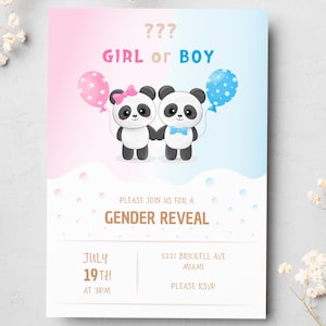Puede incluir: Una invitación de revelación de género con un fondo degradado rosa y azul. Dos pandas se dan la mano, uno con un lazo y un globo rosa, el otro con una pajarita y un globo azul. El texto incluye "Niña o Niño" y los detalles del evento.