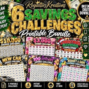May include: A digital bundle of six savings challenges featuring gold glitter text and various themes including a $10,000 challenge, $3,000 challenge, Christmas savings, new car savings, 100 envelope challenge, and a $1,000 budget and save challenge.