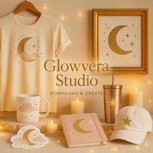 Pacchetto di arte digitale glamour Celestial Glow / Blush Gold Moon Stars / Set PNG per POD, adesivi, arte murale