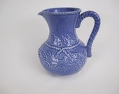 Blue Shell Pitcher Vintage Majolica Bordallo Pinheiro Portugal Serving Beach Sea Cottage Decor