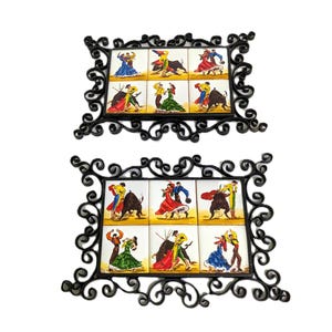 Vintage Tile Art ~ Matador and Dancing Couple ~ Metal Scroll Frames ~ Made in Spain