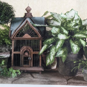 May include: A wooden birdcage with a peaked roof and a metal finial, featuring a central arched door and wire bars. The cage is surrounded by various potted plants, including a topiary, a large variegated dieffenbachia, and small ferns.