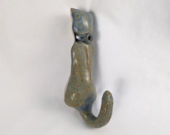 Pottery Cat Hook ~ Hanging Blue Cat Hook ~ Country Cat Lover Decor