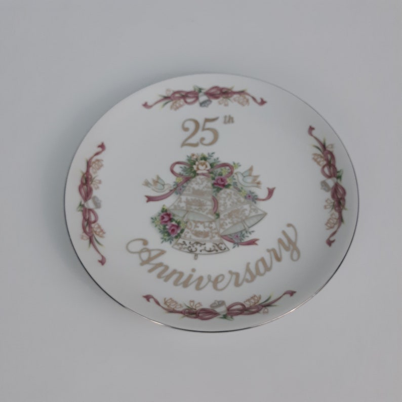 25th Anniversary Plate~Vintage~Silver~Wedding~Keepsake~White~Porcelain~Bells~Lefton China~1995