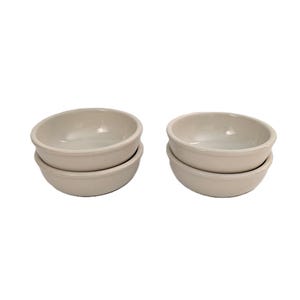 May include: Two stacks of two off-white ceramic bowls are displayed against a white background. The bowls have a simple, rounded design with a slightly flared rim. The bowls are likely for serving food.