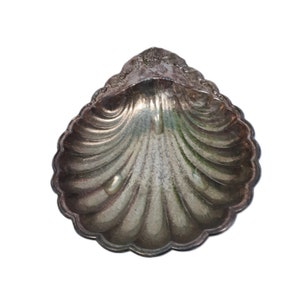 May include: A silver-toned metal dish shaped like a scallop shell. The interior features deep, radiating fluted grooves and a smooth, reflective surface. The top edge is decorated with a detailed, embossed floral pattern along the curved rim.