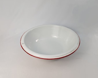 White with Red Trim Enamel Bowl ~ Vintage Hanging Metal Basin ~ Farmhouse Decor 12 3/4" Diameter