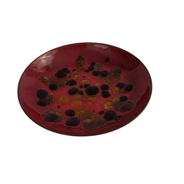 Modernist Win Ng Enamel on Copper Pebbled Glass Dish ~ Mid Century Glass Art Shallow Bowl ~ 60s San Francisco Artist