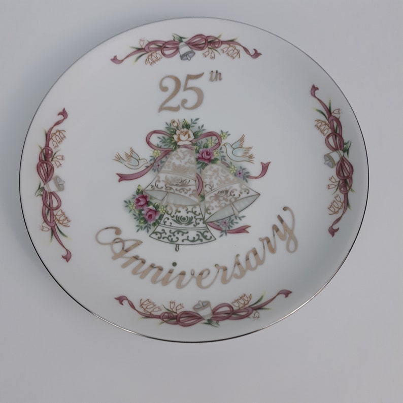 25th Anniversary Plate~Vintage~Silver~Wedding~Keepsake~White~Porcelain~Bells~Lefton China~1995